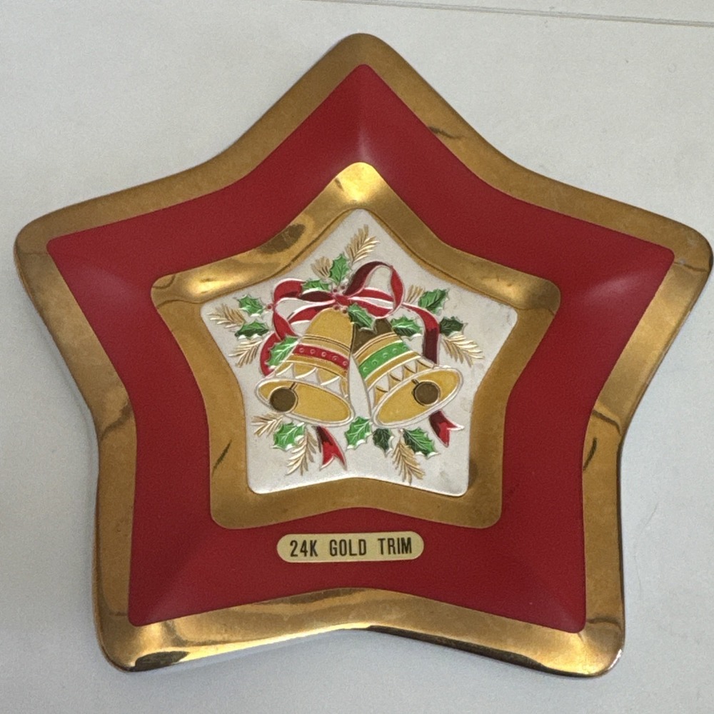 Christmas Chokin Star Shaped Bell Plate Trinket Dish No Stand Japan No Box